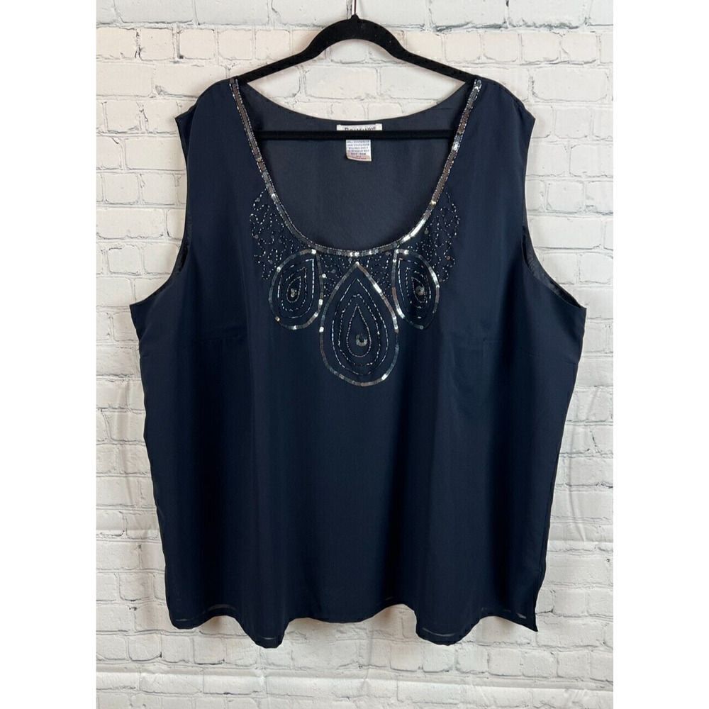 ROAMAN'S navy blue sequins beaded sleeveless top blouse tunic size 34W